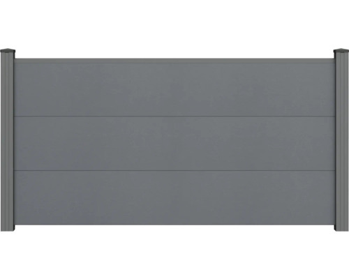 Sichtschutzzaun mit drei horizontalen Lamellen und seitlichen Pfosten in Anthrazit.