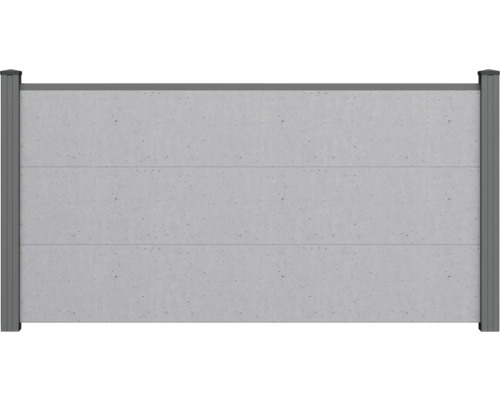 Sichtschutzzaun in Betonoptik mit drei horizontalen Paneelen und anthrazitfarbenen Pfosten.