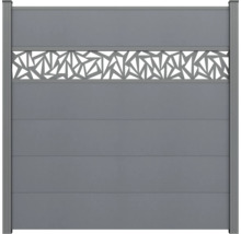 Sichtschutzzaun aus BPC in Anthrazit mit horizontalen Lamellen und geometrischem Dekorelement.