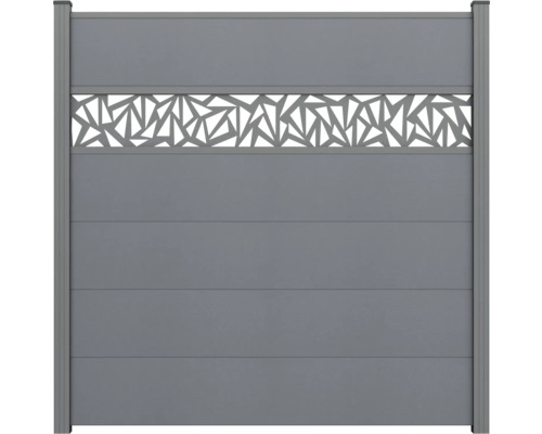 Sichtschutzzaun aus BPC in Anthrazit mit horizontalen Lamellen und geometrischem Dekorelement.