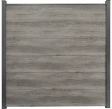 Sichtschutzzaun aus WPC in grauer Holzoptik mit dunklen Pfosten und Rahmen.