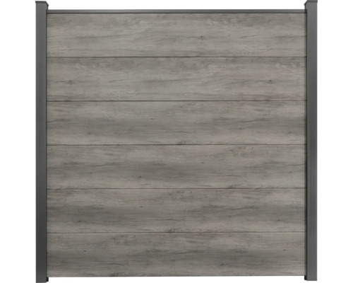 Sichtschutzzaun aus WPC in grauer Holzoptik mit dunklen Pfosten und Rahmen.