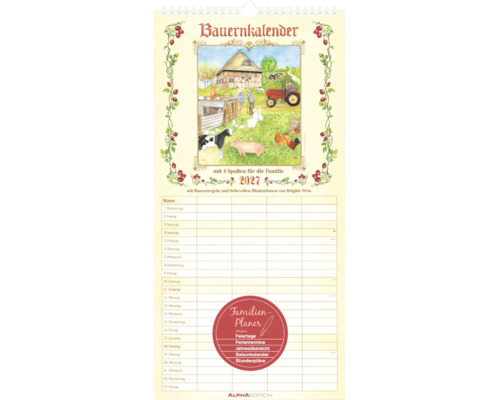 Bauernkalender 2027 Familienplaner mit 4 Spalten, Bauernhof Illustrationen, inklusive Ferienterminen, Jahresübersicht und Saisonkalender.