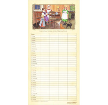 Wandkalender für Januar 2027 mit Illustration einer häuslichen Szene und Tabellengitter zur Terminplanung.