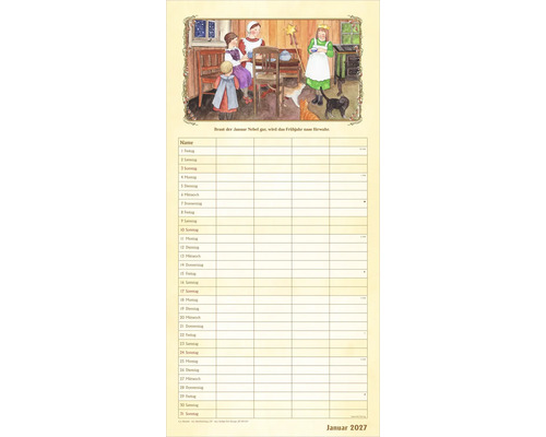 Wandkalender für Januar 2027 mit Illustration einer häuslichen Szene und Tabellengitter zur Terminplanung.