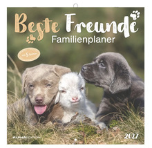 Familienplaner 2027 Beste Freunde mit fünf Spalten, Motiv mit zwei Welpen und einem Lamm, Alpha Edition Logo.