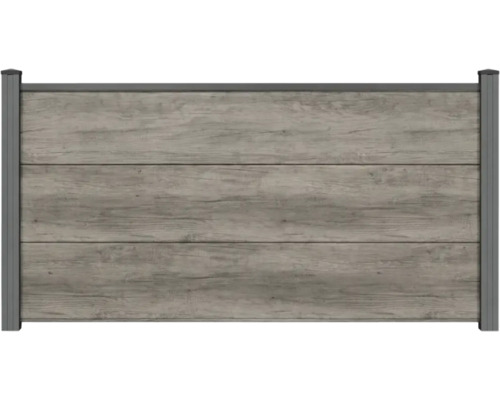 Sichtschutzzaun in Holzoptik mit drei breiten horizontalen Paneelen und grauen Metallpfosten.