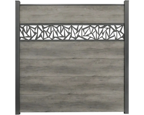 Sichtschutzzaun aus Holz-Kunststoff-Verbundwerkstoff in grauer Holzoptik mit dekorativem Metalleinsatz und anthrazitfarbenem Aluminiumrahmen.