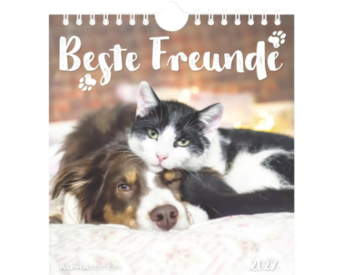 Wandkalender 2027 mit dem Titel Beste Freunde zeigt eine Katze die ihren Kopf auf einen Hund legt. Alpha Edition Logo.