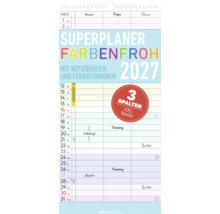 Familienplaner Superplaner Farbenfroh 2027 mit 3 Spalten extra extra breit, Notizbereich und Ferienterminen. Alpha Edition Logo.