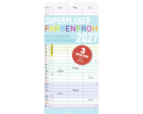 Familienplaner Superplaner Farbenfroh 2027 mit 3 Spalten extra extra breit, Notizbereich und Ferienterminen. Alpha Edition Logo.
