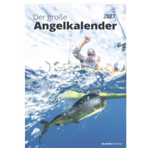Wandkalender Der große Angelkalender 2027 mit Motiv eines Anglers im Boot und eines Fisches unter Wasser.