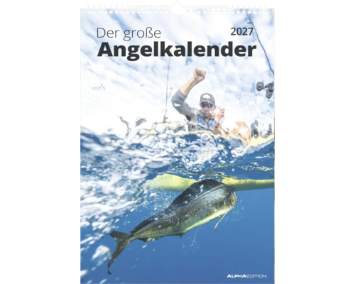 Wandkalender Der große Angelkalender 2027 mit Motiv eines Anglers im Boot und eines Fisches unter Wasser.