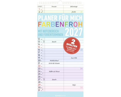 Wandkalender Planer für mich Farbenfroh 2027 mit zwei Spalten für Termine und Geburtstage, Notizbereich und Ferienterminen von Alphaedition.