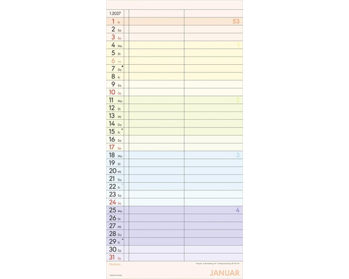 Wandkalender Januar 2027 mit Spalten für Termine, Kalenderwochen und Feiertagsübersicht.