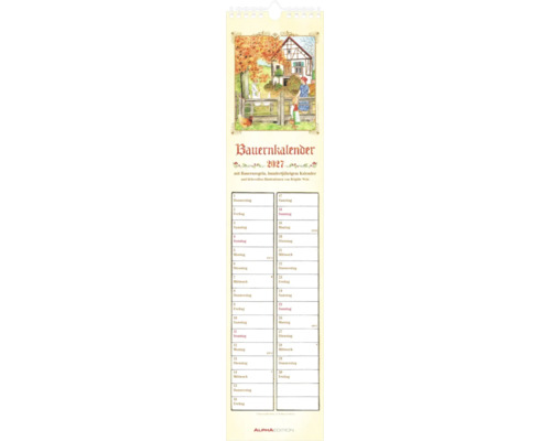 Bauernkalender 2027 Streifenkalender mit Illustrationen von Brigitte Weis, Bauernhof-Szene und übersichtlichem Kalendarium.