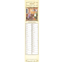 Januar-Kalenderblatt mit nostalgischer Illustration einer Familie in einer Holzküche und einem Kalendarium mit 31 Tagen.