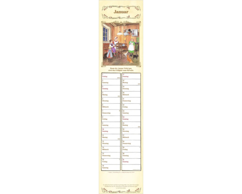 Januar-Kalenderblatt mit nostalgischer Illustration einer Familie in einer Holzküche und einem Kalendarium mit 31 Tagen.