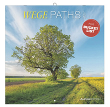 Wandkalender 2027 Wege Paths mit Landschaftsmotiv, inklusive Bucket List, Alpha Edition Logo.