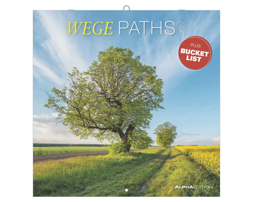 Wandkalender 2027 Wege Paths mit Landschaftsmotiv, inklusive Bucket List, Alpha Edition Logo.