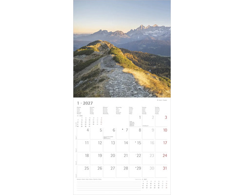 Wandkalender Blatt Januar 2027 mit Berglandschaft, felsiger Wanderweg und Berggipfel.