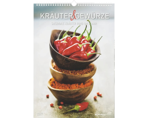 Wandkalender Kräuter und Gewürze zweitausendsiebenundzwanzig mit Abbildung von Chilischoten und Gewürzpulvern in Holzschalen.