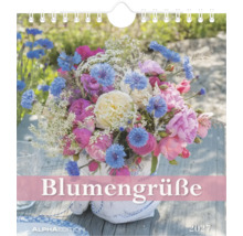 Wandkalender 2027 Blumengrüße mit einem Blumenstrauß aus Rosen und Kornblumen auf einem Holztisch, Alpha Edition Logo.