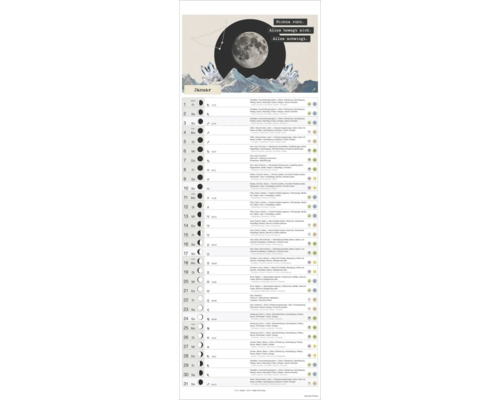 Mondkalender Januar mit täglichen astrologischen Informationen, Mondphasen und Tipps für Haus und Garten sowie Illustration mit Mond und Bergen.