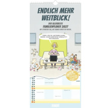 Familienplaner 2027 mit humorvollem Cartoon von Markus Grolik und übersichtlichem Kalendarium.