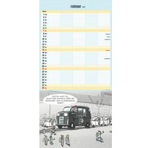 Familienplaner Kalenderblatt für Februar 2027 mit Karikatur zum Thema Klimawandel und Stadtverkehr.