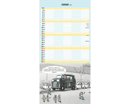 Familienplaner Kalenderblatt für Februar 2027 mit Karikatur zum Thema Klimawandel und Stadtverkehr.