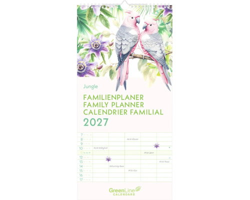 Familienplaner 2027 Jungle mit Abbildung von Kakadus und Passionsblumen, GreenLine CALENDARS Logo.