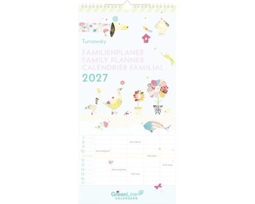 Familienplaner 2027 von Turnowsky mit Illustrationen, Spiralbindung und Kalender für Termine. GreenLine Calendars Logo.