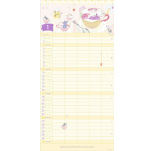 Familienplaner Wandkalender für Januar mit Illustrationen von Mäusen in Teetassen und fünf Spalten für Termine.