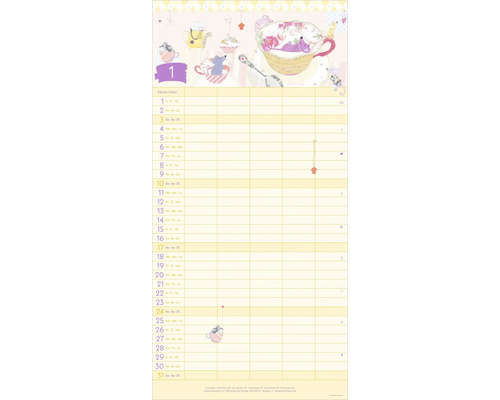 Familienplaner Wandkalender für Januar mit Illustrationen von Mäusen in Teetassen und fünf Spalten für Termine.
