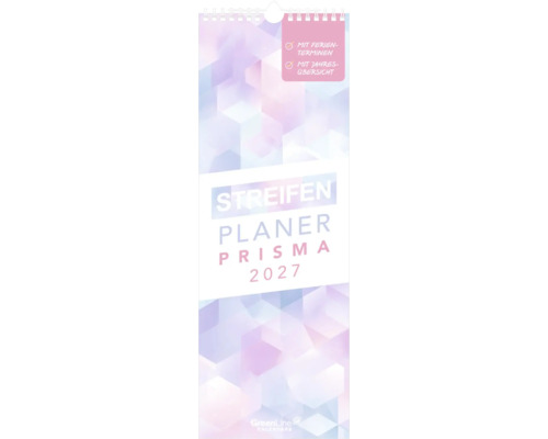 Streifenplaner Prisma 2027 von GreenLine Calendars mit Ferienterminen und Jahresübersicht, Wandkalender mit geometrischem Muster.