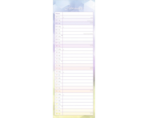 Kalenderblatt für Januar mit einer Datumsliste von 01 bis 31 und Platz für tägliche Notizen.