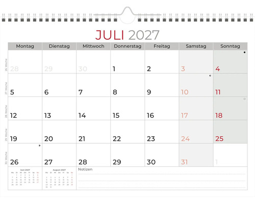 Wandkalender Blatt für Juli 2027 mit Monatsübersicht in Deutsch, Notizfeld und Spiralbindung.