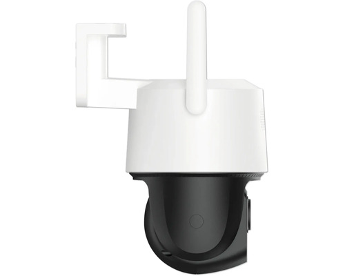 Schwenk- und neigbare WLAN-Überwachungskamera mit Wandhalterung und Antenne.