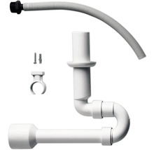 Weißer, platzsparender Siphon aus Kunststoff für Waschbecken, inklusive flexiblem Schlauch, Befestigungsclip, Schraube und Dübel.