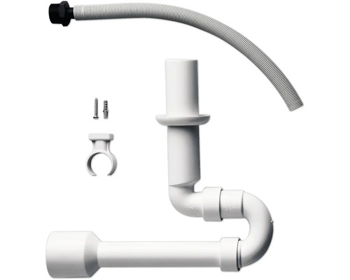 Weißer, platzsparender Siphon aus Kunststoff für Waschbecken, inklusive flexiblem Schlauch, Befestigungsclip, Schraube und Dübel.