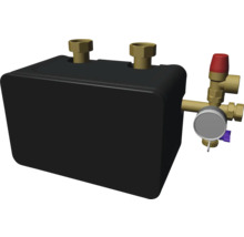 Hydraulische Weiche mit schwarzer Isolierung und Sicherheitsgruppe bestehend aus Manometer und Sicherheitsventil für Heizungsanlagen.