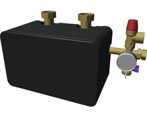 Hydraulische Weiche mit schwarzer Isolierung und Sicherheitsgruppe bestehend aus Manometer und Sicherheitsventil für Heizungsanlagen.