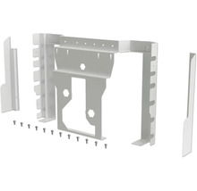 Weißes Montageset aus Metall mit Befestigungswinkeln und Schrauben für die Installation.