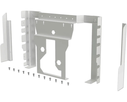 Weißes Montageset aus Metall mit Befestigungswinkeln und Schrauben für die Installation.