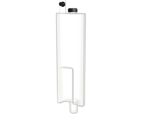 Transparenter Wassertank aus Kunststoff mit schwarzem Schraubverschluss und Ventil für Haushaltsgeräte.