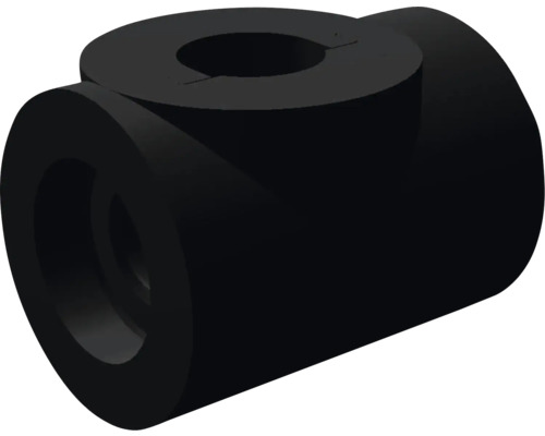 Schwarzes T-Stück Rohrverbinder aus Kunststoff.