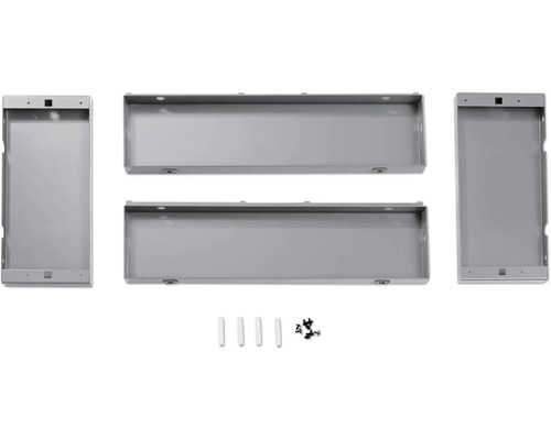 Bausatz für einen Metallsockel bestehend aus vier Rahmenteilen, vier Dübeln und sechs Schrauben.