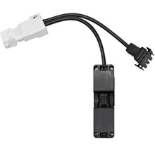 Schwarzer Möbelschalter mit zwei Kabeln, einem weißen und einem schwarzen Anschlussstecker.