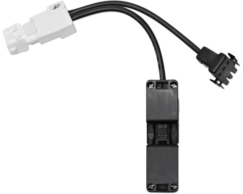 Schwarzer Möbelschalter mit zwei Kabeln, einem weißen und einem schwarzen Anschlussstecker.